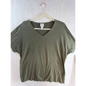 Weekends by Chicos Olive 2 (L) Gold Studded Animal Print V-Neck Top Size 2 Large